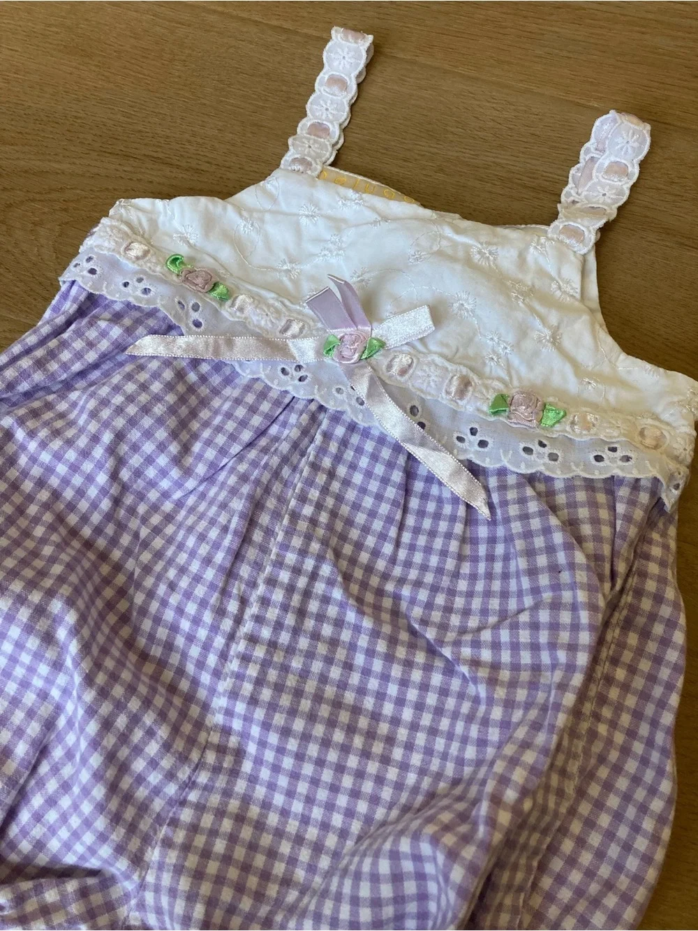 Vintage White and Lavender Gingham Baby Romper with Lace Trim 12m